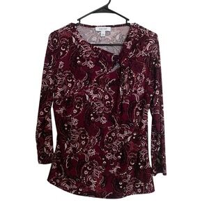 Nine West Womens Small Burgundy Paisley Print Knot Long Sleeve Blouse